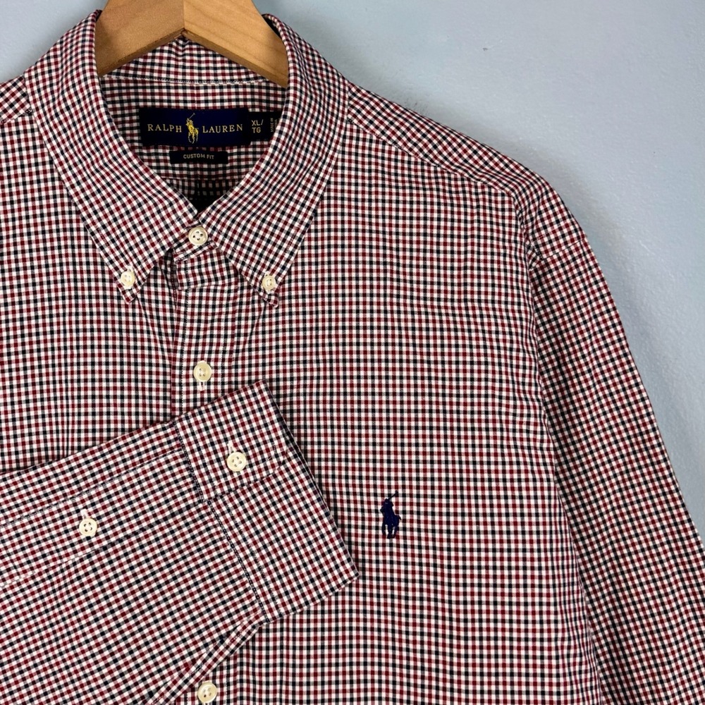 Ralph Lauren Mens XL Red White Blue Gingham Custom Fit Button Down Dress Shirt